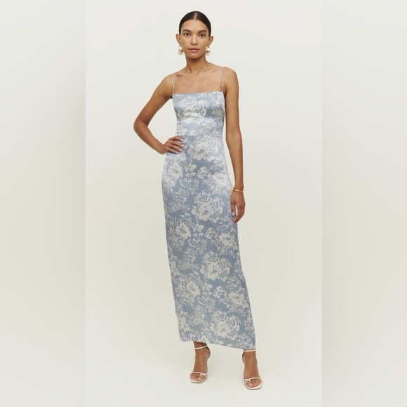 Reformation Frankie Silk Formal Dress Spaghetti Strap Porcelain Blue Floral 10 P - Picture 13 of 16